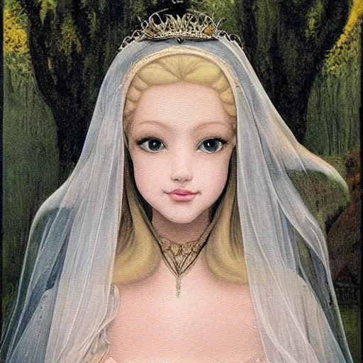 Image similar to A painting, beauty & mystery of Princess Aurora. Enigmatic smile and gaze invite us into her world, and we cannot help but be drawn in. Soft features & delicate way she is dressed make her almost ethereal. Landscape distance and mystery. What secrets Princess Aurora holds. Mediterranean, cosmic horror by Kentaro Miura, by Dean Cornwell, by Rene Magritte eclectic