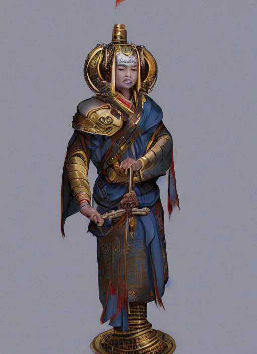 Image similar to full body portrait of a male pathfinder shabti daoshi with metallic skin wearing a daopao by wlop, wuxia, xianxia, pathfinder shabti race, shabti, taoist priest, taoist master, taoist robe, detailed, realistic, anatomically accurate, fantasy illustration, artstation, wlop, 4 k.