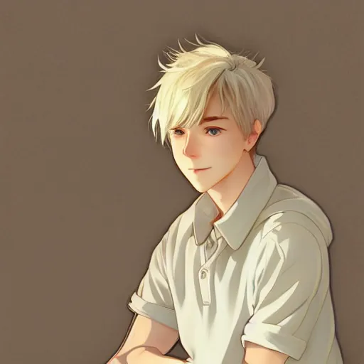 Image similar to young man with short, ash blond greyish hair, light brown eyes, casual clothes, relaxing, happy, path traced, highly detailed, high quality, digital painting, by studio ghibli and alphonse mucha, beautiful details, soft and warm