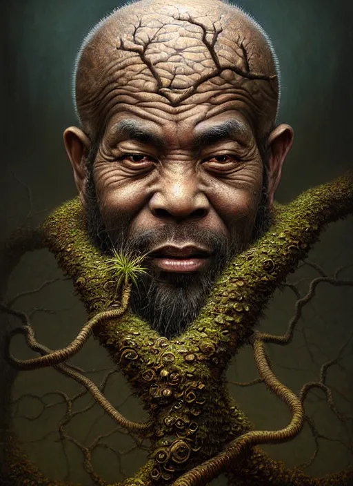 Image similar to monk with roots all over his face and a bonsai hat, intricate, rim light, extremly detailed digital painting, by tomasz alen kopera, james jean and fenghua zhong, highly detailed, art, cinematic lighting, very coherent, hyper realism, high detail, 8 k