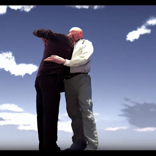 Image similar to Jerma985 hugging Walter White from Breaking Bad, photorealistic, cinematic lighting, shot on iphone