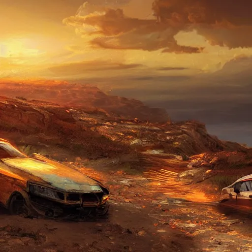 Image similar to post apocalypse scene of two cars parked on a cliff at sunset, computer art, concept art, high detail, warm colors, artstation