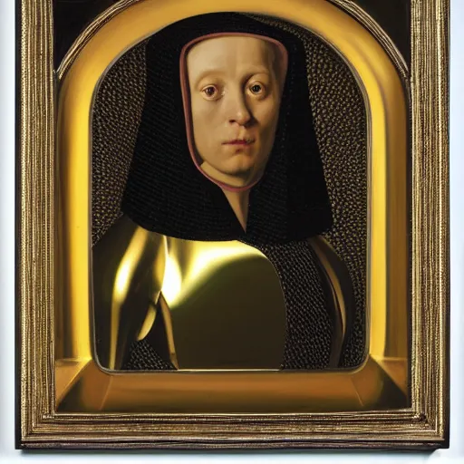 Image similar to a portrait of a shiny metallic renaissance robot, in the style of Jan van Eyck,