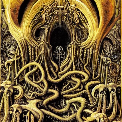 Prompt: cthulhu death's gate of hell, highly detailed, skeletons, steles, lava, swords, intricate art of boris vallejo and ernst haeckel, neo - gothic, gothic