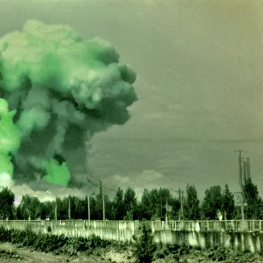 Image similar to a photograph of chernobyl emitting green smoke, photographs smuggled out from the soviet union, chernobyl, bright green