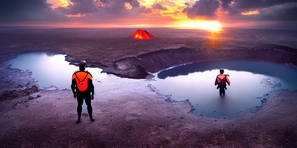 Image similar to amazing landscape photo of a scuba diver!!! standing on the volcano crater at sunrise by Charlie Waite and Marc Adamus beautiful dramatic lighting, surrealism