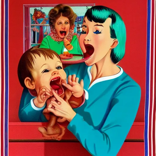 Prompt: hyper realistic hight detailed grandmother with a big mouth eating a baby on the table in the russian kitchen on the wall hangs a rug, style by hiroshi nagai, bright colors