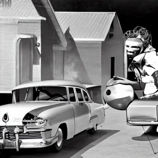 Image similar to 1 9 5 0 s, sci - fi movie, vintage movie grain, alien gunmen attack suburbia street