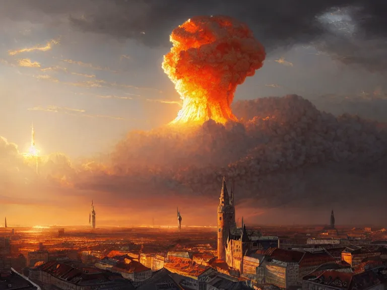 Image similar to , city of munich!!!, nuclear explosion!!!, rubble, hyperrealistic, highly detailed, cinematic, single ray of golden sunlight, beautiful, cgssociety, artstation, 8 k, oil painting by greg rutkowski, by artgerm, by wlop