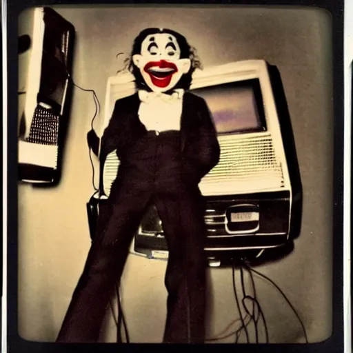 Image similar to Vintage polaroid photo of a Clown-Vampire with neon wires in his head watches old retro TV in a shabby motel room