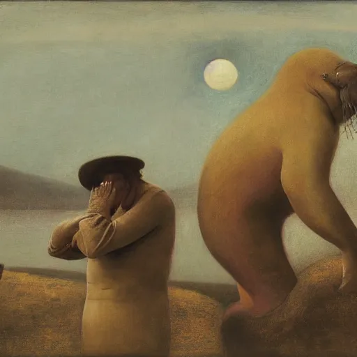 Image similar to the dream of the walrus and the human in oslo, by odd nerdrum, oil on canvas, 1 9 8 3, high resolution