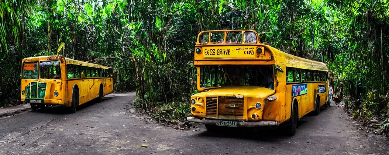 Prompt: a bus in colombia jungle road