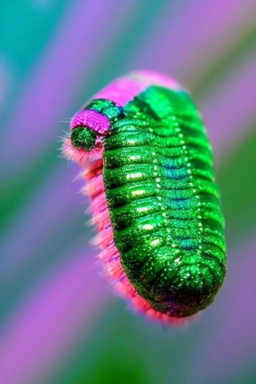 Prompt: high quality close-up photo iridescent caterpillar! gorgeous highly detailed david ligare elson peter cinematic pink lighting high quality low angle hd 8k sharp shallow depth of field