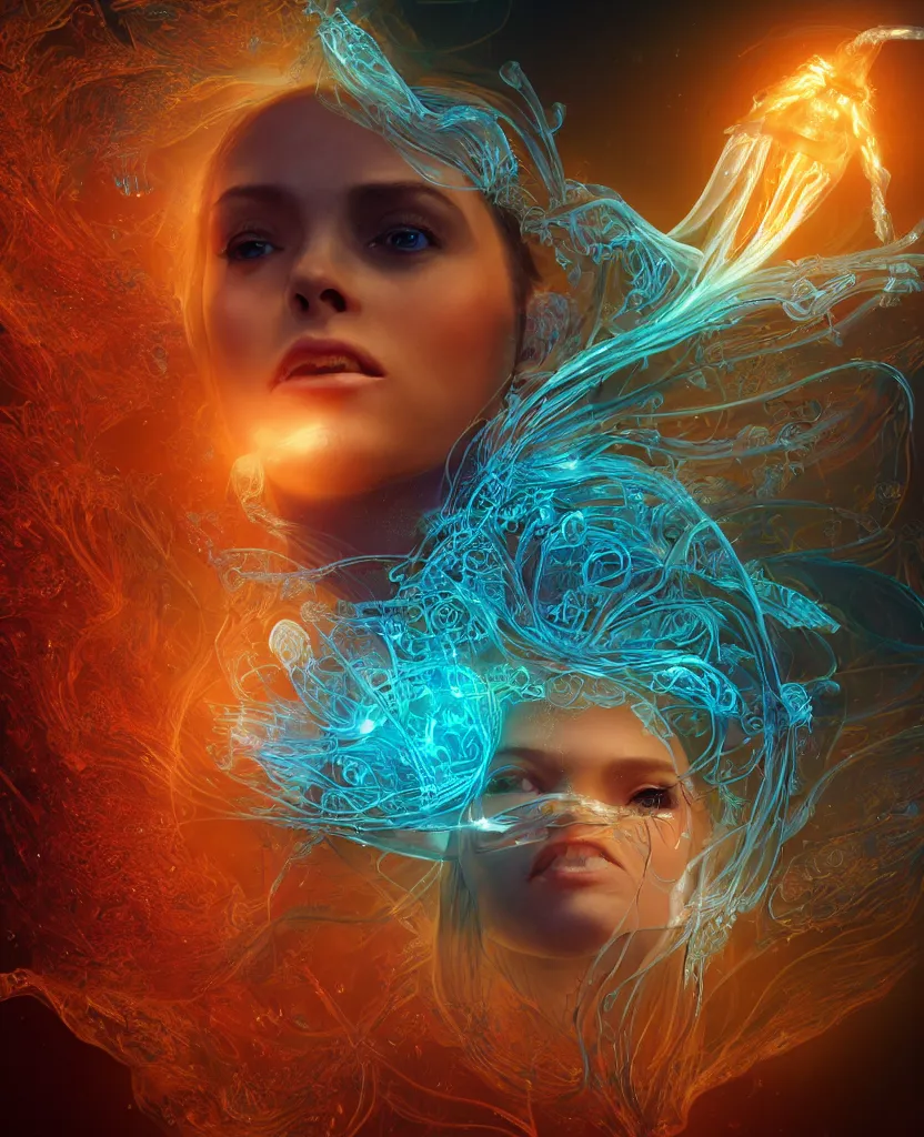 Prompt: close-up macro portrait of the face of a beautiful princess, epic angle and pose, symmetrical artwork, 3d with depth of field, blurred background, cybernetic jellyfish female face skull phoenix bird, translucent, nautilus, energy flows of water and fire. a highly detailed epic cinematic concept art CG render. made in Maya, Blender and Photoshop, octane render, excellent composition, cinematic dystopian brutalist atmosphere, dynamic dramatic cinematic lighting, aesthetic, very inspirational, arthouse. y Greg Rutkowski, Ilya Kuvshinov, WLOP, Stanley Artgerm Lau, Ruan Jia and Fenghua Zhong