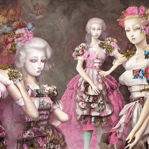 Prompt: 8k, HD, realism, high octane render, renaissance, rococo, baroque, group of creepy young ladies wearing long harajuku manga dress with flowers and skulls, background chaotic flowers