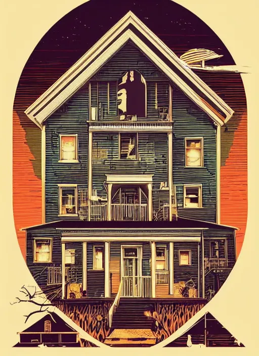 Prompt: house from The Amityville Horror (1979), Kilian Eng, Dan Mumford, detailed