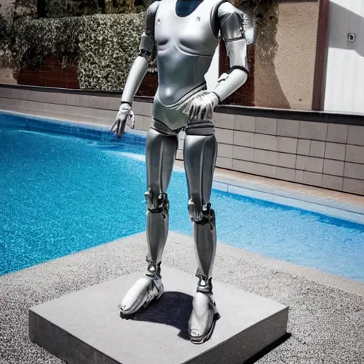 Image similar to a realistic detailed photo of a guy who is an attractive humanoid who is half robot and half humanoid, who is a male android, soccer player martin ødegaard, shiny skin, posing like a statue, blank stare, by the pool, on display, showing off his muscles, humanoid robot, frozen ice statue