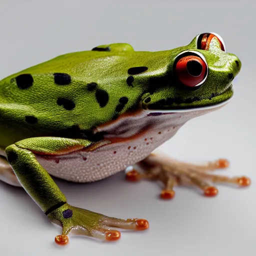 Prompt: cyborg frog with a camera lens as a head, clean design, front profile mugshot, monochromatic photo