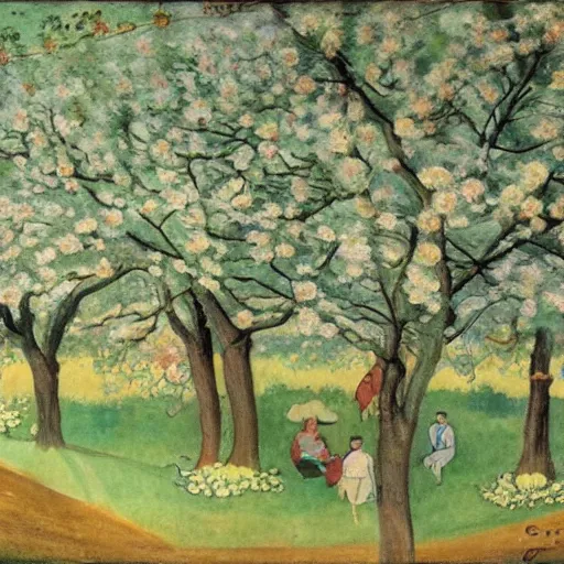 Image similar to A beautiful conceptual art depicting a farm scene. The conceptual art shows a view of an orchard with trees in bloom. by Gerda Wegener, by Peter Milligan dynamic