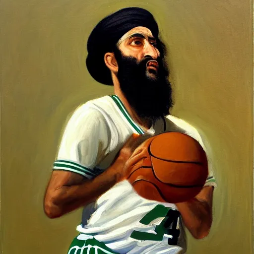 Image similar to facial portrait of osama bin laden shooting free throws, boston celtics, oil on canvas by william sidney mount