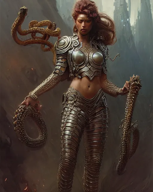 Image similar to fierce beautiful medusa in full body armor, fantasy character portrait, ultra realistic, concept art, intricate details, highly detailed by greg rutkowski, gaston bussiere, craig mullins, simon bisley