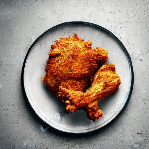 Image similar to chicken fried on a computer cpu plate, food, poster, orthographic, octane