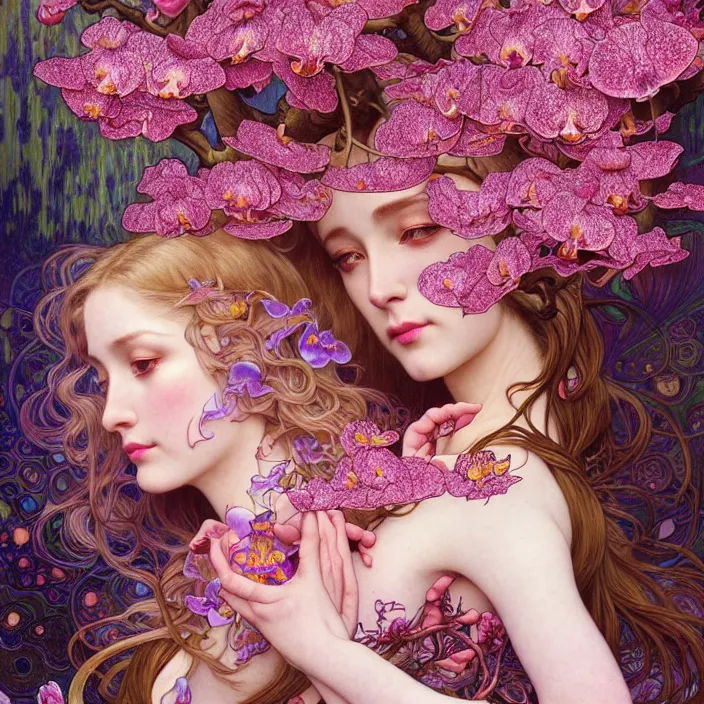 Image similar to psychedelic, orchid, cherry blossom tree, mushrooms, diffuse lighting, fantasy, intricate, elegant, highly detailed, lifelike, photorealistic, digital painting, artstation, illustration, concept art, smooth, sharp focus, art by John Collier and Albert Aublet and Krenz Cushart and Artem Demura and Alphonse Mucha and Giuseppe Arcimboldo