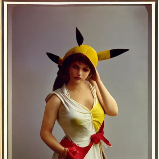 Image similar to elegant woman dressed up as pikachu, art photo by Annie Liebovitz and Alphonse Mucha