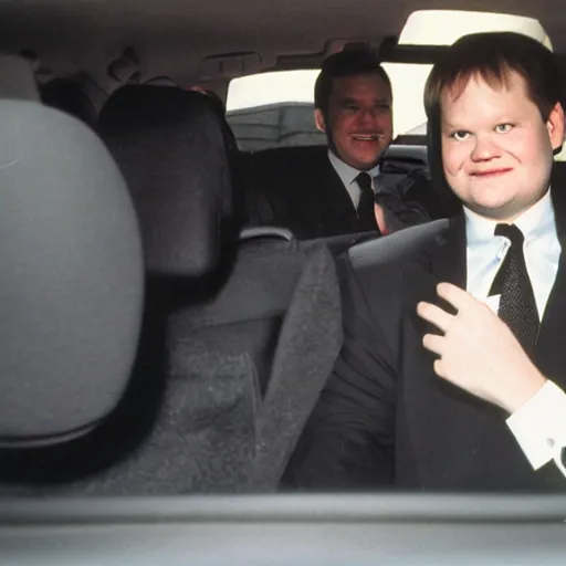 Image similar to 1 9 9 8 andy richter wearing a black wool coat and necktie in his car driving through the streets of chicago at night, pov back seat of car, cozy atmosphere