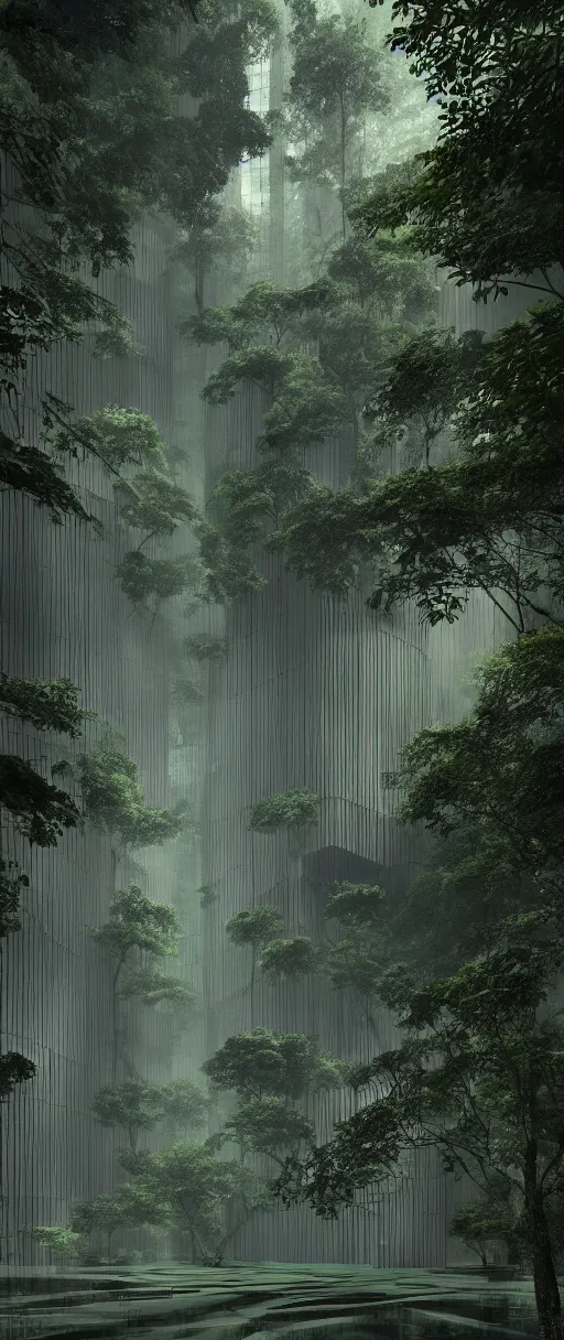 Prompt: brutalist architecture inspired by louis kahn deep in the rainforest. nature is taking over. matte painting by thu berchs. concept art. color scheme dark green and dark yellow. mist. cinematic.