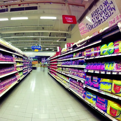 Image similar to supermarket aisles, fisheye lens, color, fluorescent lighting,