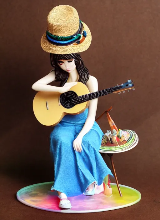 Image similar to Fine Image on the store website, eBay, Full body, 80mm resin figure of a Straw hat cute girl playing guitar, environmental light from the front