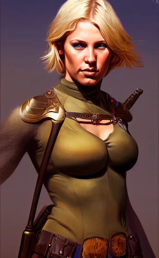 Image similar to full body character art of beautiful female huntress, pretty face, symmetrical features, short blonde hair, by james gurney, volumetric lighting, detailed, oil painting