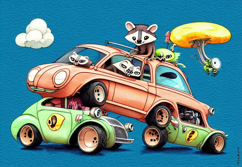 Image similar to cute and funny, racoon riding in a tiny hot rod coupe with oversized engine, ratfink style by ed roth, centered award winning watercolor pen illustration, isometric illustration by chihiro iwasaki, edited by range murata and beeple