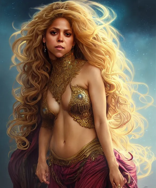 Prompt: Shakira as a fantasy magic woman portrait, sci-fi, amber eyes, face, long hair, fantasy, intricate, elegant, highly detailed, digital painting, artstation, concept art, smooth, sharp focus, illustration, art by artgerm and greg rutkowski and alphonse mucha