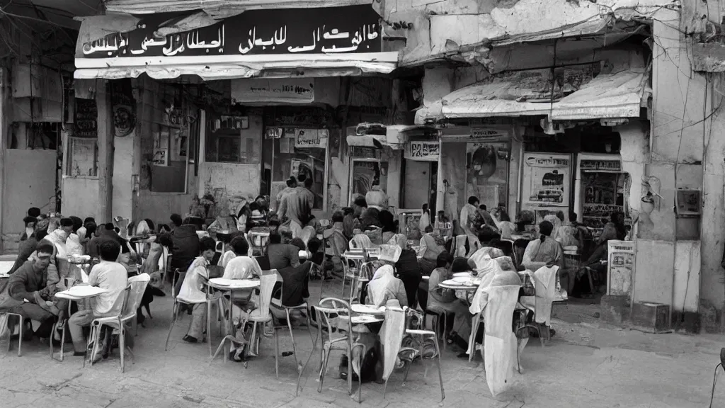 Image similar to photograph of a cafe in central baghdad in the 1 9 6 0 s + fujifilm