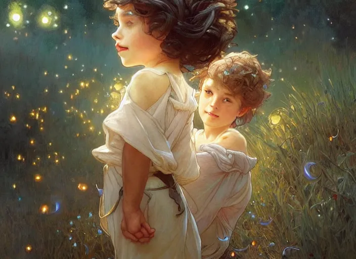 Image similar to A cute little girl with shoulder length curly brown hair and a cute little boy with short blonde hair dancing with fireflies. beautiful fantasy art by By Artgerm and Greg Rutkowski and Alphonse Mucha, trending on artstation.