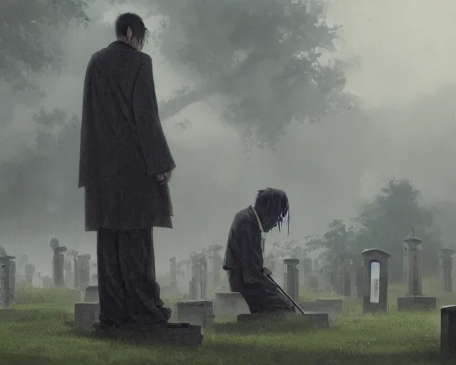 Image similar to a 50 year old brunnete chinese man Standing at a funeral in a cemetery next to the grim reaper, horror scene, dramatic, anime art, Greg Rutkowski, studio ghibli, dramatic lighting