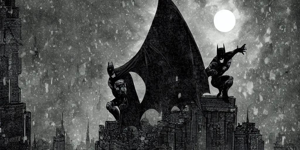 Prompt: Batman hunched over a building gargoyle at night looking over Gotham City, gothic, dark, moody atmospheric, moonlight, Frank Millar style, graphic art,