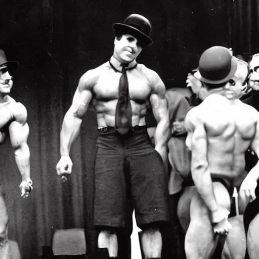 Image similar to A photo of a Charlie Chaplin posing at a bodybuilding contest