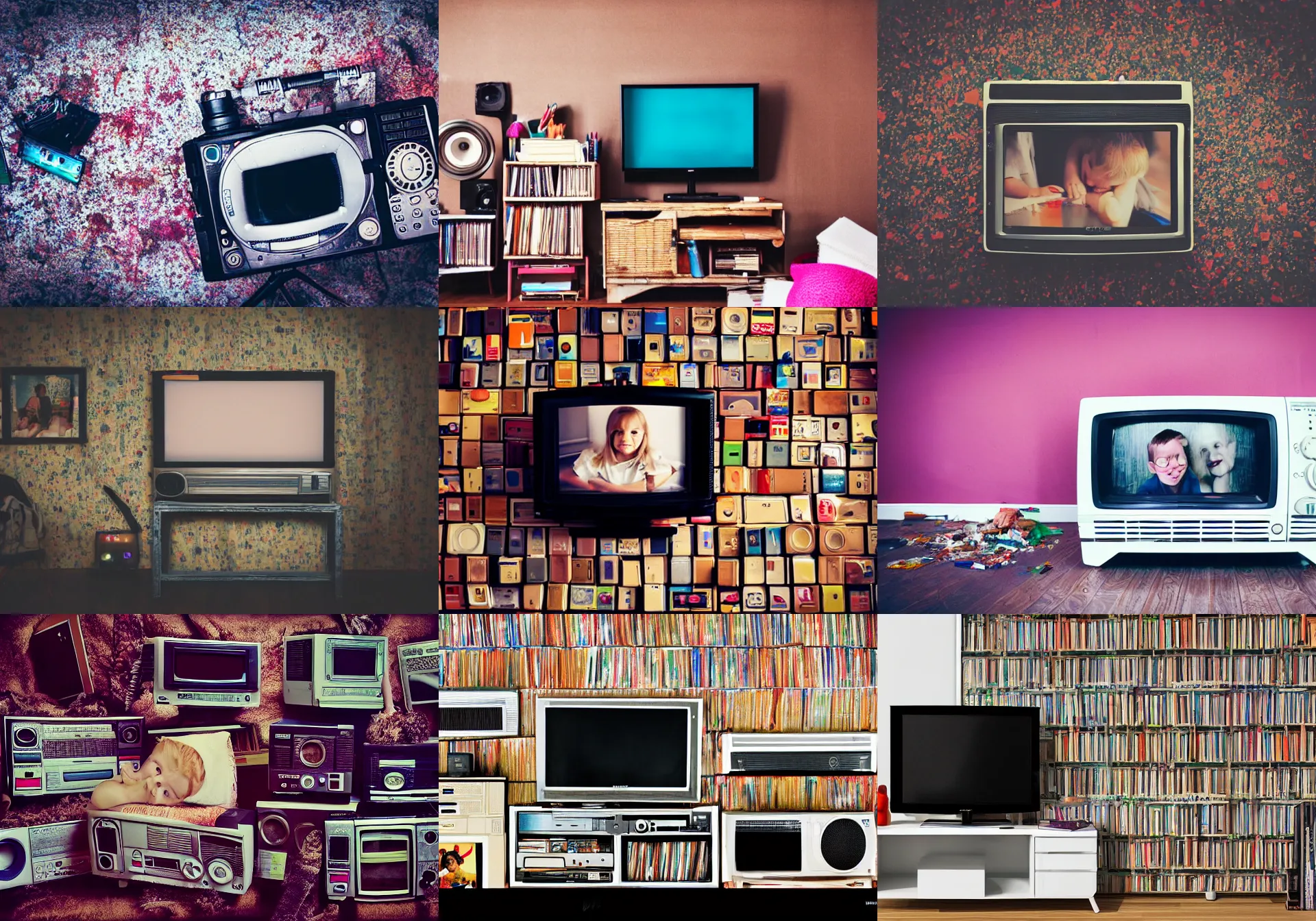 Prompt: home photography portrait, A tv in living room, dvd package , cable, cardboards ; mess, dirty, summer, Color VHS picture quality with mixed noise