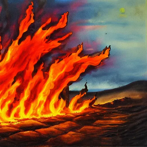 Prompt: a fiery hellscape painting