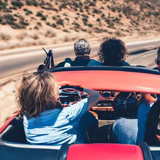 Prompt: three friends in an open convertible, roadtrip on route 66