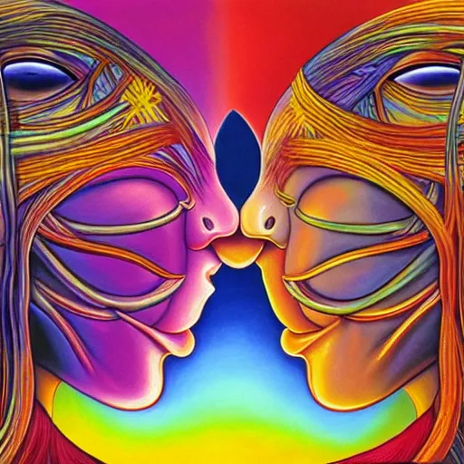 Prompt: emotive painting by alex grey of two bizarre femme creatures kissing each other closeup. they have strange appendages. they are in a psychedelic landscape. speculative evolution, exobiology, golden ratio