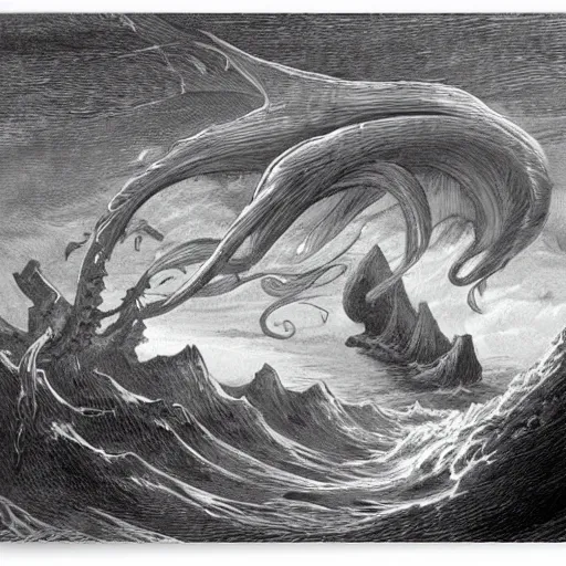 Image similar to a traditional portrait of cthulhu, small town in the background, night, soaring waves, clouds, illustration by Gustave Doré