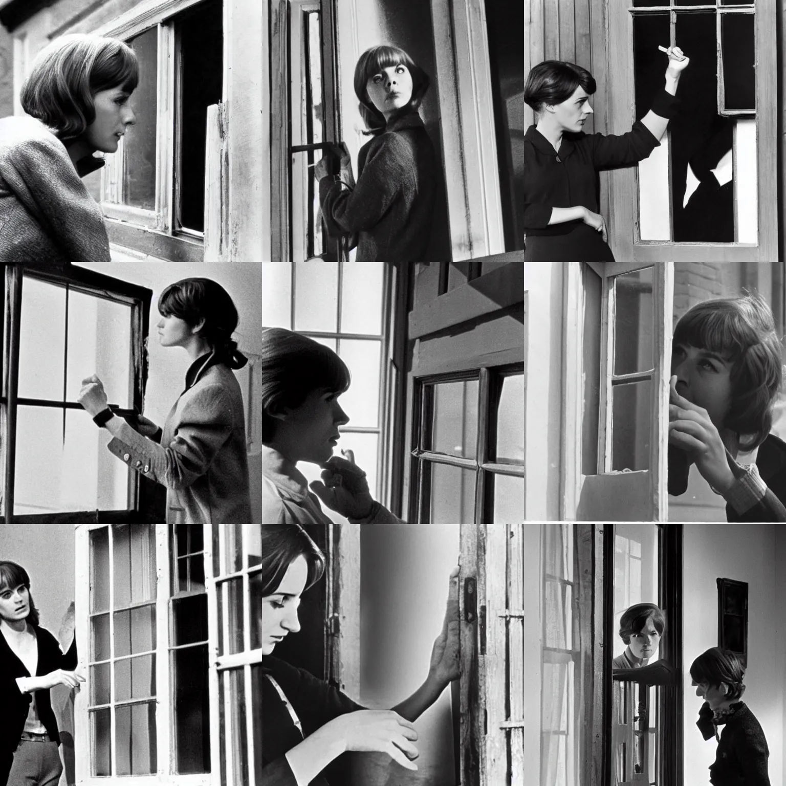 Prompt: Emma Holmes as Sherlock Watson investigating a broken window (1966)