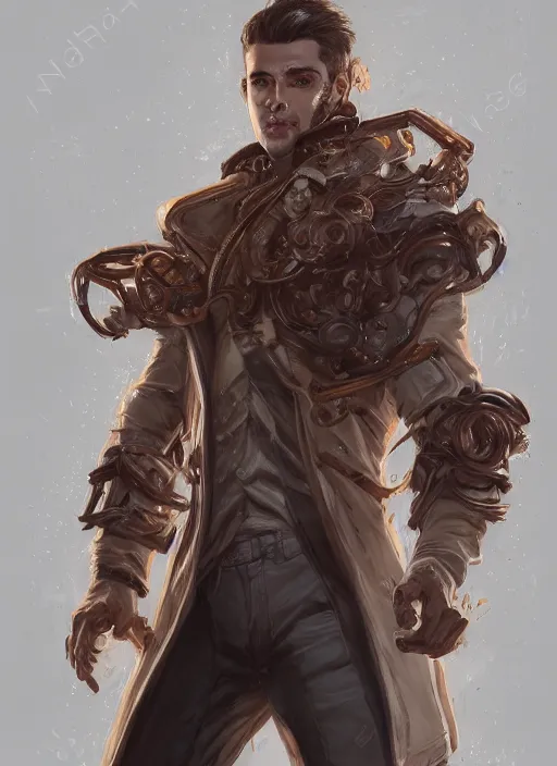 Prompt: a highly detailed illustration of thick wavy brown haired young white guy wearing brown coat and face mask, extra mechanical arms on his back, dramatic hands in pocket standing pose, intricate, elegant, highly detailed, centered, digital painting, artstation, concept art, smooth, sharp focus, league of legends concept art, WLOP