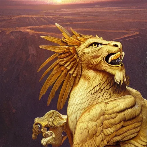 Prompt: a realistic oil painting of a winged lion's body with the head of an eagle and a beak, spreading its wings in an ancient egyptian temple, at purple sunset, highly detailed, trending on artstation, by james gurney and michael whelan and krenz cushart and alphonse mucha