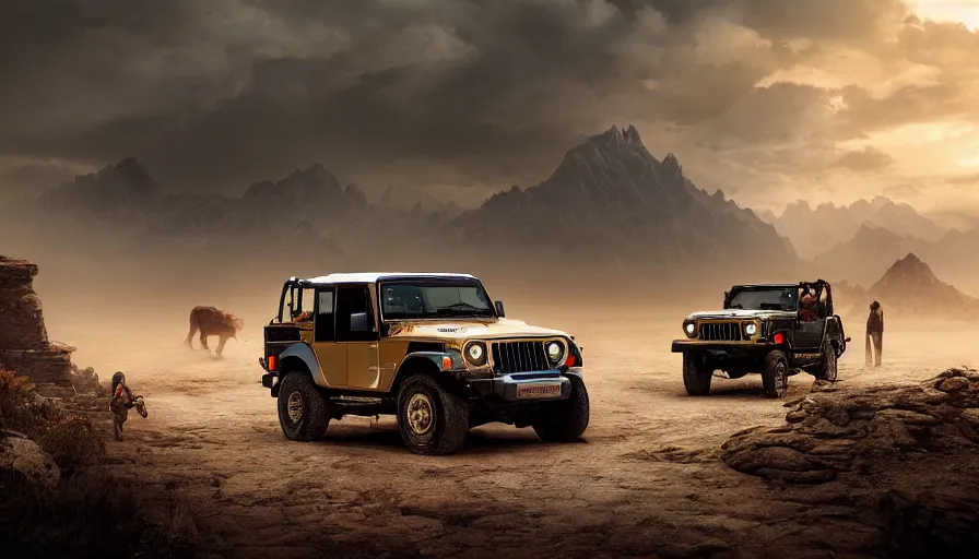 Prompt: Mahindra thar, tribe members watching nearby, an epic fantasy, dramatic lighting, cinematic, establishing shot, extremely high detail, photorealistic, cinematic lighting, artstation, by christopher nolan, horizon forbidden west