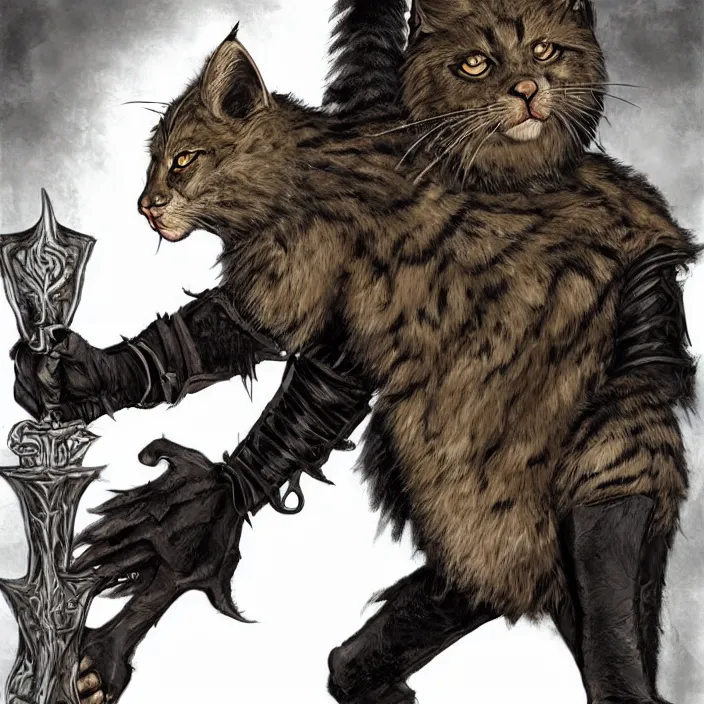 Prompt: khajit tabaxi catfolk humanoid cloaked in shadow and wearing leather armor with maine coon features black fur holding two shortswords, dungeons and dragons, pure white background, fantasy, tarot card style, half body portrait, high detail, hyper realistic